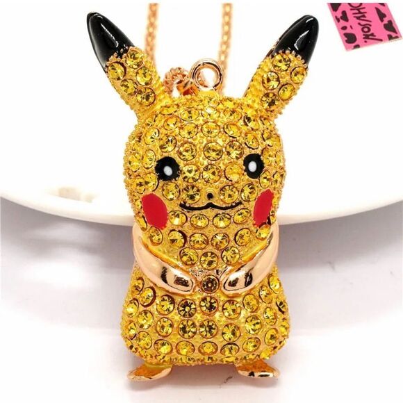 Yellow Rhinestone Crystal Pokemon Pikachu Pendant Necklace NWOT - Picture 1 of 2